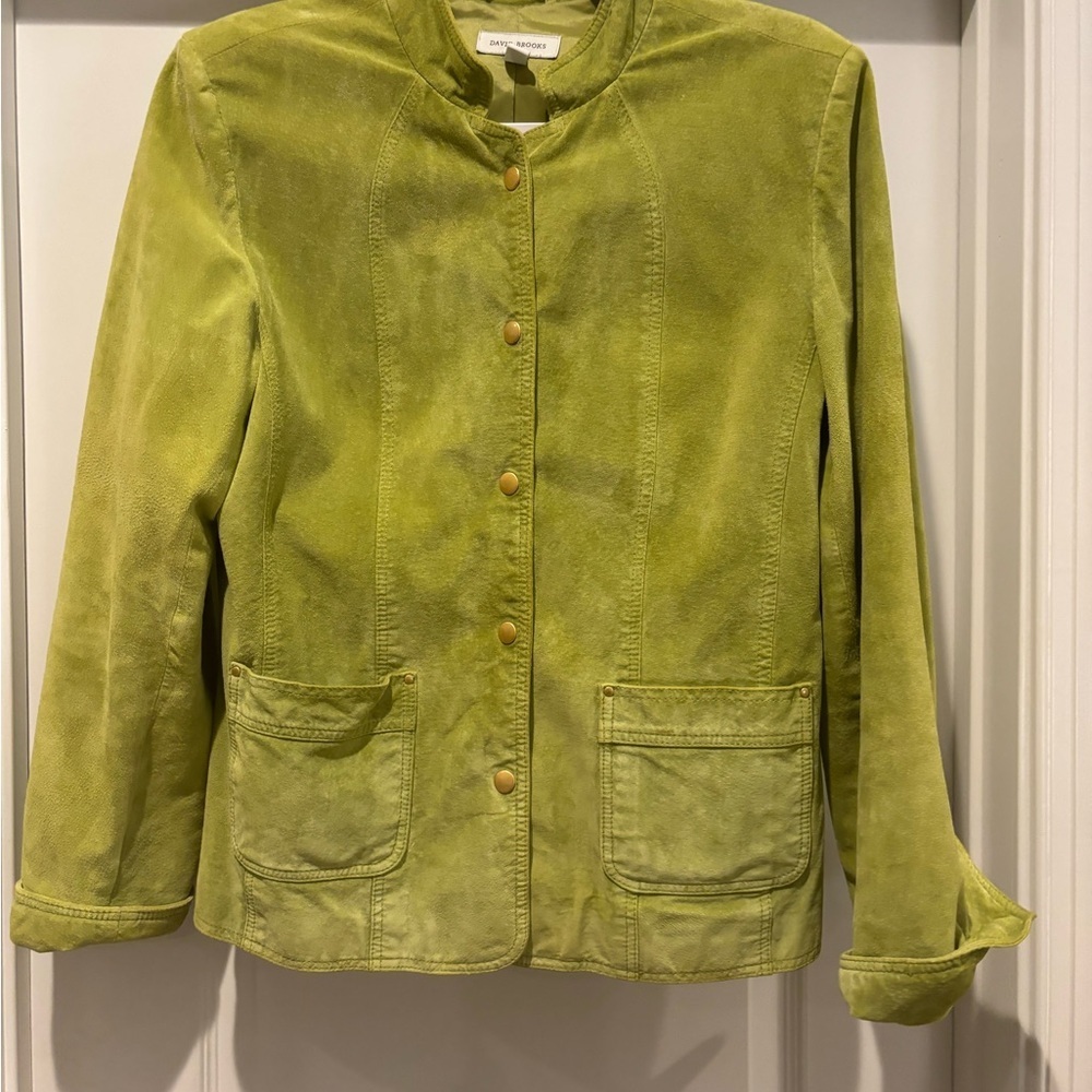 DAVID BROOKS LG AVOCADO GREEN SUEDE SHORT JACKET GOLD SNAPS ROLL UP CUFFS LINED - Picture 3 of 15